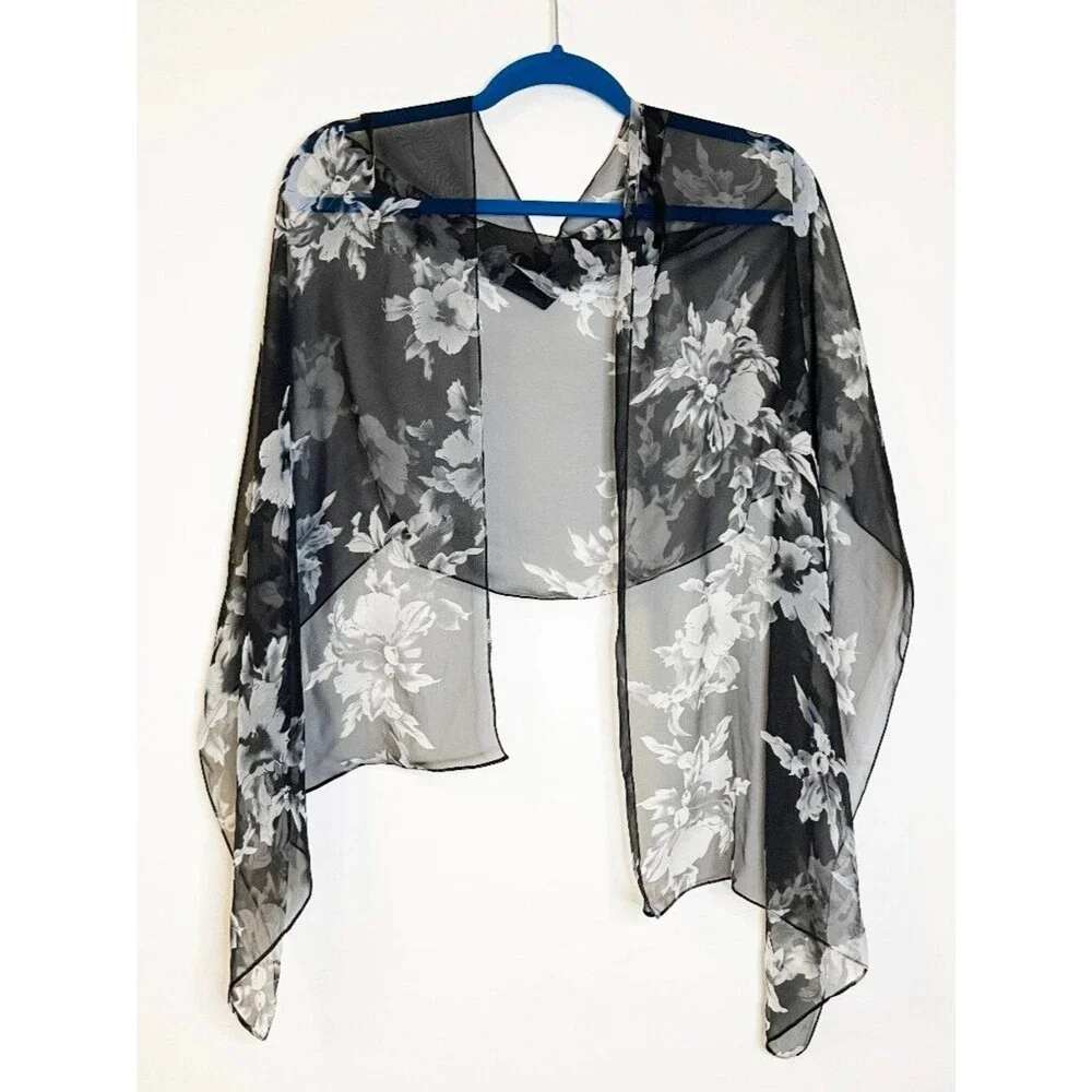 Black Sheer Floral Chiffon Scarf Wrap Shawl Romantic Goth Whimsigoth